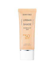ProtoClinical k-beauty DEWYTREE Urban Shade Cover And Fit Sun SPF50+ PA++++ 40ml single upright beige sunscreen tube centered on a pale cream background.