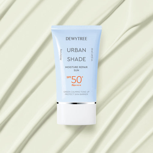 ProtoClinical k-beauty DEWYTREE Urban Shade Moisture Repair Sun SPF50+ PA++++ 50ml single upright blue sunscreen tube centered on a light background.