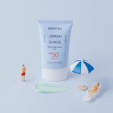 ProtoClinical k-beauty DEWYTREE Urban Shade Moisture Repair Sun SPF50+ PA++++ 50ml single upright blue sunscreen tube centered on a light background.