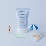 ProtoClinical k-beauty DEWYTREE Urban Shade Moisture Repair Sun SPF50+ PA++++ 50ml single upright blue sunscreen tube centered on a light background.