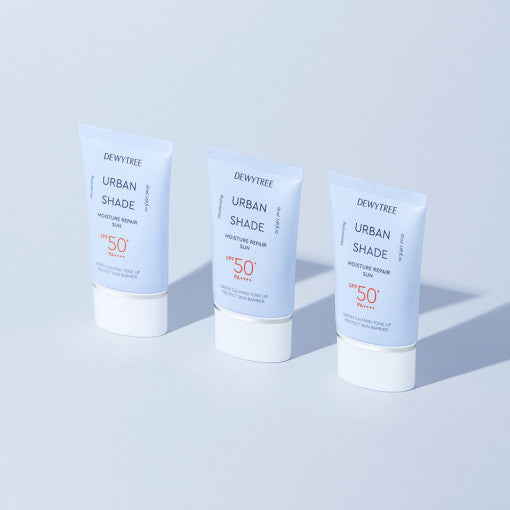 ProtoClinical k-beauty DEWYTREE Urban Shade Moisture Repair Sun SPF50+ PA++++ 50ml single upright blue sunscreen tube on a light background.