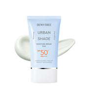 ProtoClinical k-beauty DEWYTREE Urban Shade Moisture Repair Sun SPF50+ PA++++ 50ml single upright blue sunscreen tube centered on a soft white background with pale blue shading.