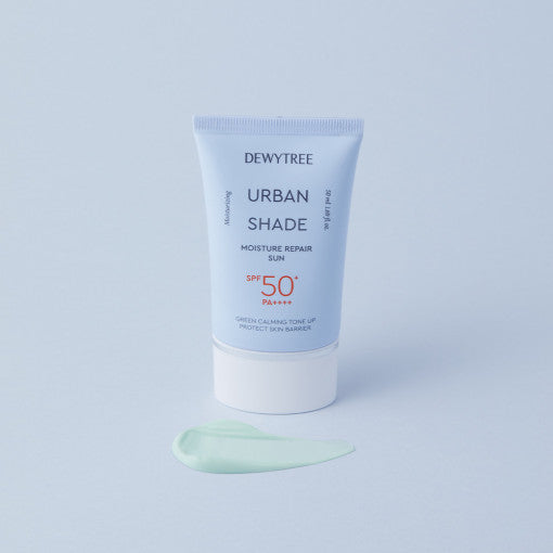 ProtoClinical k-beauty DEWYTREE Urban Shade Moisture Repair Sun SPF50+ PA++++ 50ml single upright blue sunscreen tube on a clean light background.