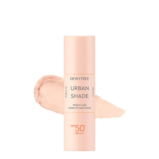 ProtoClinical k-beauty DEWYTREE Urban Shade Peach Like Tone Up Sun Stick SPF50+ PA++++ 13g single upright peach sun stick centered on a white and beige background.