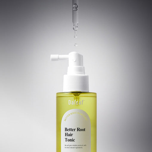 ProtoClinical k-beauty Daleaf Chlorella Better Root Hair Tonic 150ml single pale cream hair tonic bottle with an olive label centered vertically on a soft gray background with dark indigo corners