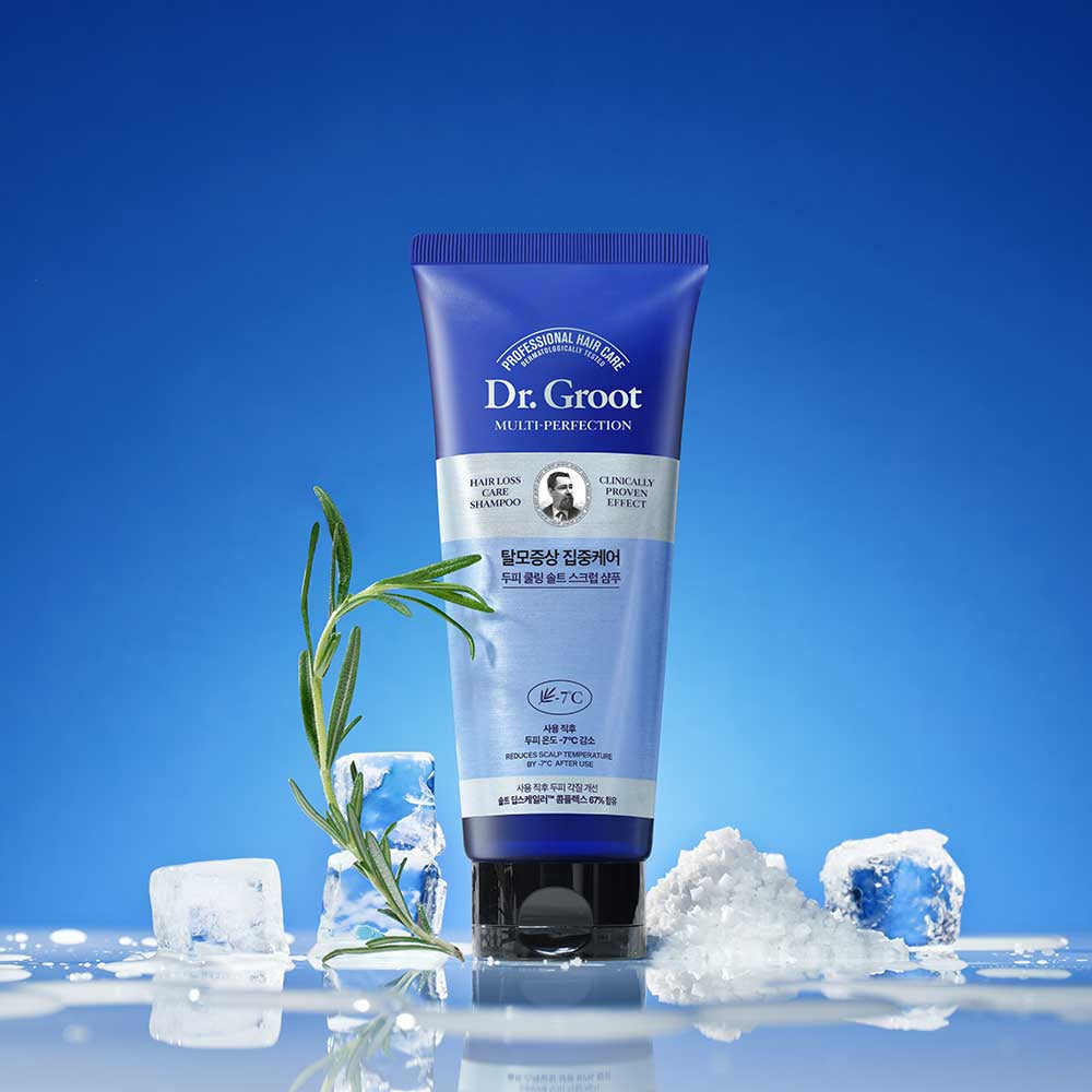 ProtoClinical k-beauty deep blue beauty product silhouette with a pale gray center on a blue background.
