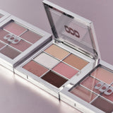 ProtoClinical k-beauty mauve and beige beauty graphic with vertical panel accents on a pale background.