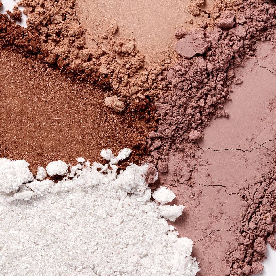 ProtoClinical k-beauty Oddtype Mute Sleek Eye Palette muted beige and rosy beauty graphic on a pale aqua background with a dark lower-right shadow