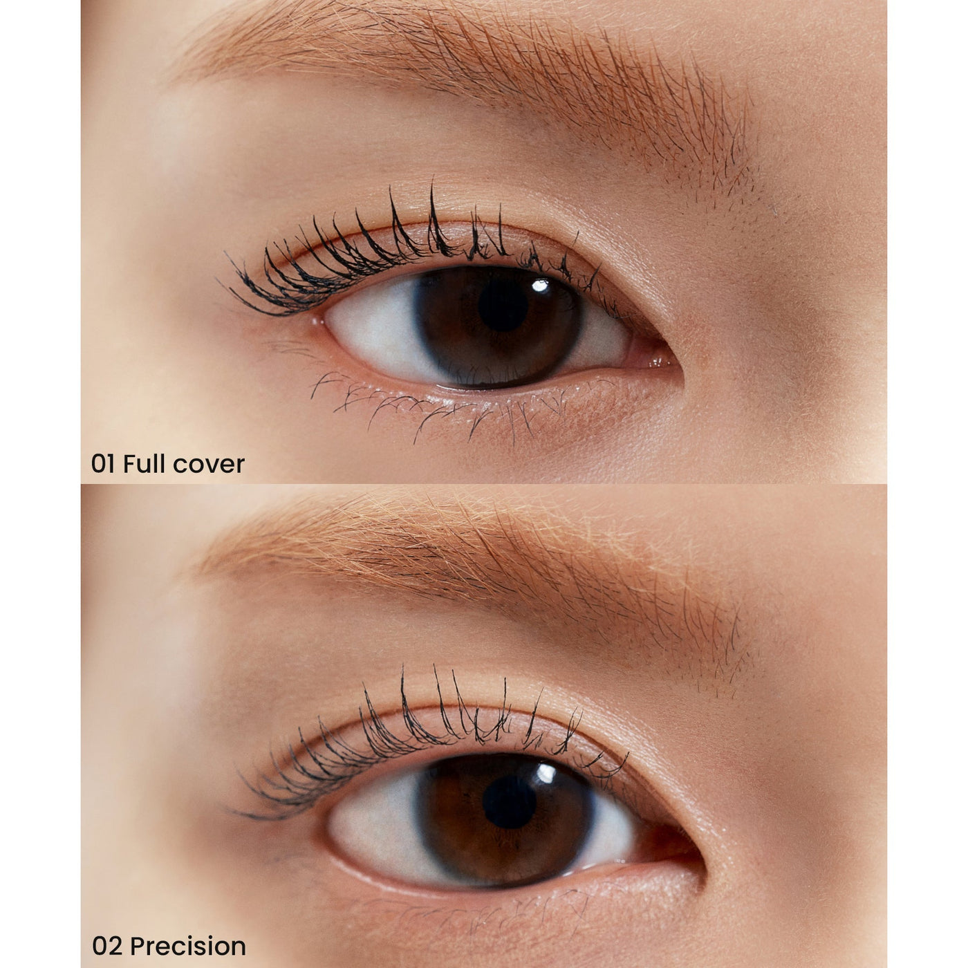ProtoClinical k-beauty Oddtype Unlimited Curl Lift Mascara two warm brown mascara silhouettes side by side on a pale blush background