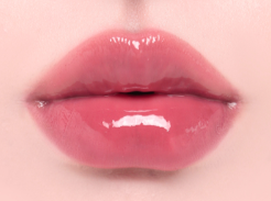 ProtoClinical k-beauty Oddtype Unseen Balloon Tint bright pink lip tint swatch centered on a pale pink background with soft green corner accents