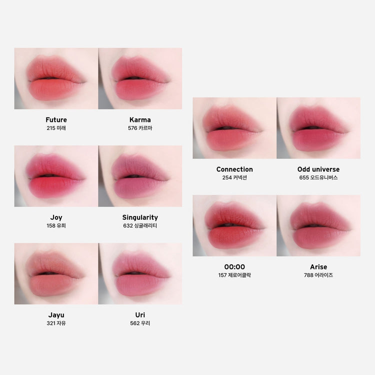 ProtoClinical k-beauty Oddtype Unseen Blur Tint multiple vertical lip tint swatches in soft pink tones on a pale cream background with a light aqua lower edge