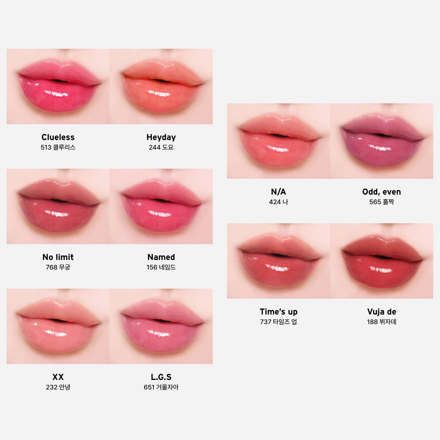 ProtoClinical k-beauty Oddtype Unseen Mirror Tint multiple vertical lip tint swatches in soft pink tones on a pale background with a light aqua lower edge