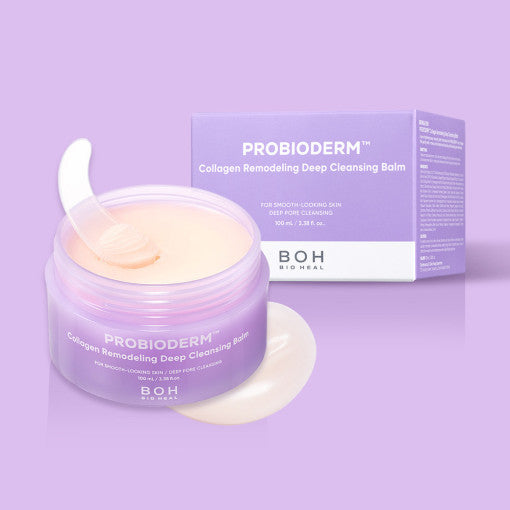 ProtoClinical k-beauty [BIO HEAL BOH] Probioderm Collagen Remodeling Deep Cleansing Balm 100ml shown as a purple cleansing balm jar with a pale balm dollop behind it on a white background.