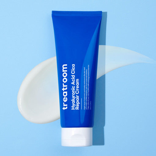 ProtoClinical k-beauty treatroom Hyaluronic Acid Cica Repair Cream 155ml single upright blue cream container centered on a pale blue background.