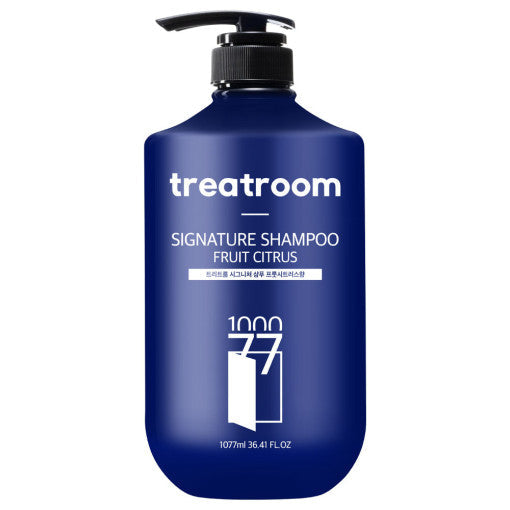 ProtoClinical k-beauty treatroom Signature Shampoo 1077ml #FRUIT CITRUS single tall blue shampoo bottle centered on a white background.