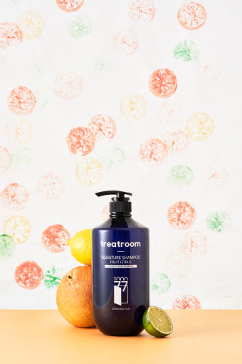 ProtoClinical k-beauty treatroom Signature Shampoo 1077ml #FRUIT CITRUS single tall blue shampoo bottle centered on a white background.