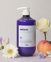 ProtoClinical k-beauty PAUL MEDISON Deep Perfume Body Lotion 1077ml #Fruity Floral two purple body lotion bottles side by side on a pale yellow background
