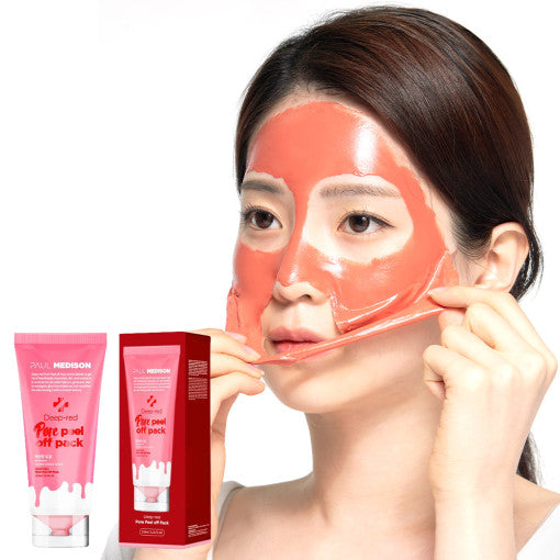 ProtoClinical k-beauty PAUL MEDISON Deep Red Pore Peel Off Pack 155ml two upright red product packages side by side on a pale background with soft aqua shading