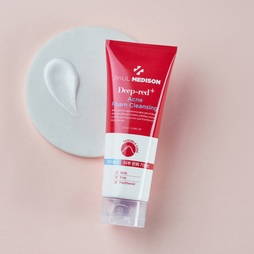 ProtoClinical k-beauty PAUL MEDISON Deep-red Acne Foam cleansing 155ml single upright red cleanser tube on a clean white background