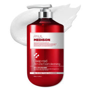 ProtoClinical k-beauty PAUL MEDISON Deep-red All In One Foam Cleansing 510ml in a tall red bottle centered on a white background with pale aqua side panels