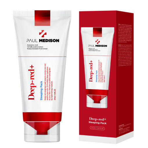 ProtoClinical k-beauty PAUL MEDISON Deep-red Sleeping Pack 211ml two upright red product packages side by side on a pale background with cool blue shading