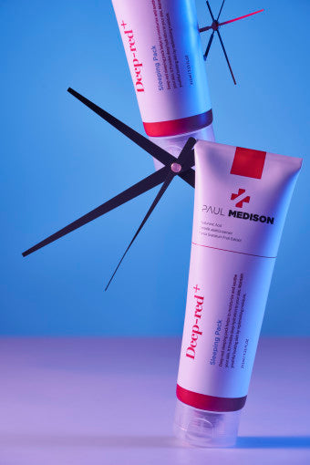 ProtoClinical k-beauty PAUL MEDISON Deep-red Sleeping Pack 211ml single upright deep red package on a cool blue and lavender background.