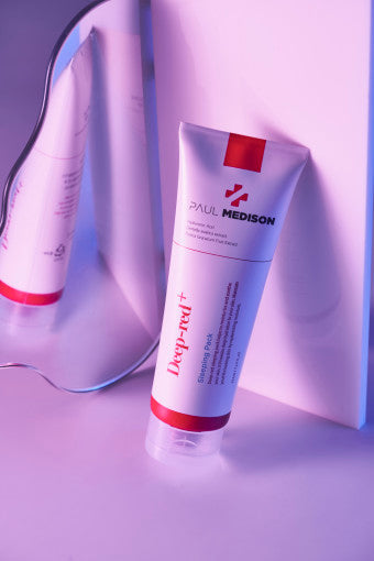 ProtoClinical k-beauty PAUL MEDISON Deep-red Sleeping Pack 211ml single upright pink-red package on a lavender and blue background.