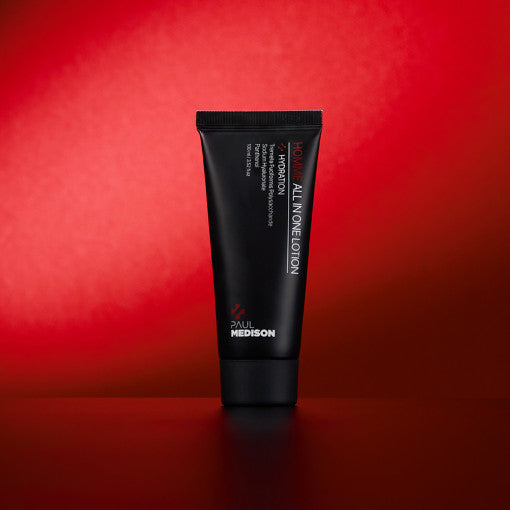 ProtoClinical k-beauty PAUL MEDISON HOMME Hydration All In One Lotion 100ml single upright dark lotion bottle on a red background.