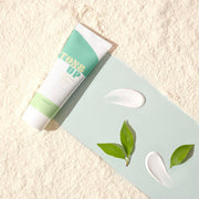 ProtoClinical k-beauty PAUL MEDISON Hyaluronic Acid No Sebum Tone Up Cream 80ml single angled mint green container with a darker lower section on a light cream background.