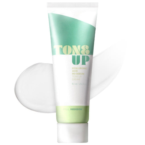 ProtoClinical k-beauty PAUL MEDISON Hyaluronic Acid No Sebum Tone Up Cream 80ml single mint green upright container on a light background.