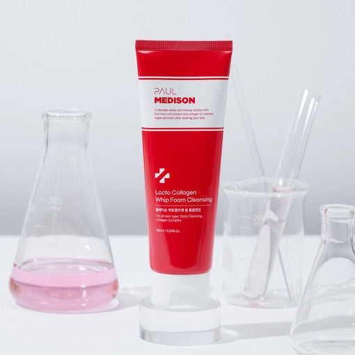 PAUL MEDISON LACTO COLLAGEN WHIP FOAM CLEANSING 155ml by ProtoClinical shown in front-facing skincare packaging on a clean white background, highlighting the labeled cleanser presentation for a k-beauty routine.