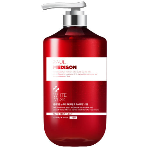 PAUL MEDISON Nutri Treatment 1077ml #White Musk by ProtoClinical displayed in a front-facing treatment bottle shot on a white background, highlighting the branded White Musk design for a k-beauty hair care routine.