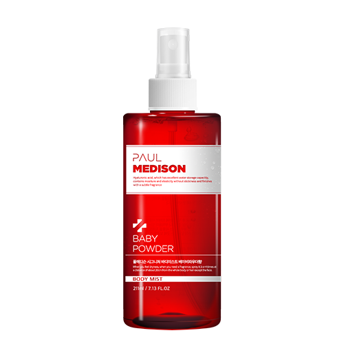 ProtoClinical k-beauty PAUL MEDISON Signature Body Mist 211ml #Baby Powder two pink body mist bottles side by side on a warm pink background