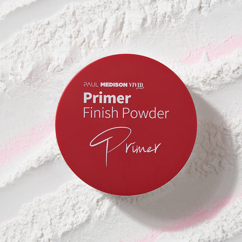 ProtoClinical k-beauty PAUL MEDISON VIVID PRIMER FINISH POWDER 12g single square powder packshot centered on a muted rose background.