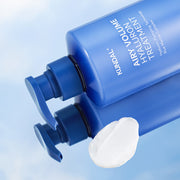 ProtoClinical k-beauty KUNDAL AIRY VOLUME HYALURON TREATMENT 500ml #BLOSSOM BREEZE deep blue graphic with two rounded blue forms on a pale blue and white background