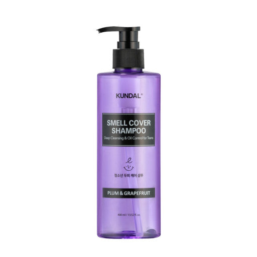 ProtoClinical k-beauty KUNDAL All Day Smell Cover Teens Shampoo 400ml #Plum & Grapefruit single upright shampoo bottle centered on a light background.