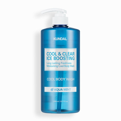 ProtoClinical k-beauty KUNDAL Cool & Clear Ice Boosting Cool Body Wash 1058ml #Aqua Mint single upright body wash bottle centered on a light background.