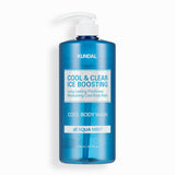ProtoClinical k-beauty KUNDAL Cool & Clear Ice Boosting Cool Body Wash 1058ml #Aqua Mint single upright body wash bottle centered on a light background.