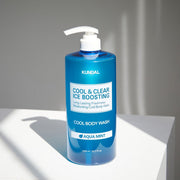 ProtoClinical k-beauty KUNDAL Cool & Clear Ice Boosting Cool Body Wash 1058ml #Aqua Mint single upright body wash bottle centered on a light background.