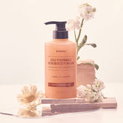 ProtoClinical k-beauty KUNDAL EAU THERMALE SPA SCRUB BODY WASH 500ml #COZY DARRELING single upright scrub body wash bottle centered on a light background.