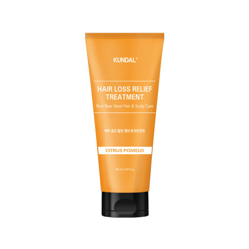 ProtoClinical k-beauty KUNDAL HAIR LOSS RELIEF TREATMENT Real Beer Yeast Hair & Scalp Care 200ml #CITRUS POMELO warm beige product silhouette with pale aqua side tones on a light background