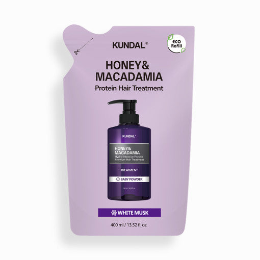 ProtoClinical k-beauty KUNDAL HONEY & MACADAMIA Nature Shampoo (Refill) 400ml #WHITE MUSK single upright refill package centered on a light background.