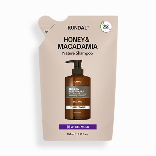 ProtoClinical k-beauty KUNDAL HONEY & MACADAMIA Pure Natural Balancing Refreshing Shampoo 500ml #WHITE MUSK single upright shampoo bottle centered on a light background.