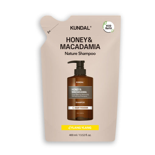 ProtoClinical k-beauty KUNDAL HONEY & MACADAMIA Nature Shampoo (Refill) 400ml #YLANG YLANG single upright refill package centered on a light background.