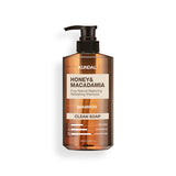 ProtoClinical k-beauty KUNDAL HONEY & MACADAMIA Pure Natural Balancing Refreshing Shampoo 500ml #CLEAN SOAP single upright shampoo bottle centered on a light background.