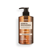 ProtoClinical k-beauty KUNDAL HONEY & MACADAMIA Pure Natural Balancing Refreshing Shampoo 500ml #CLEAN SOAP single upright shampoo bottle centered on a light background.