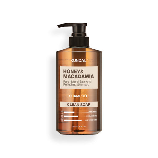 ProtoClinical k-beauty KUNDAL HONEY & MACADAMIA Pure Natural Balancing Refreshing Shampoo 500ml #CLEAN SOAP single upright shampoo bottle centered on a light background.
