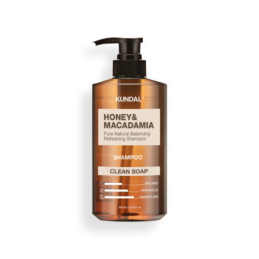 ProtoClinical k-beauty KUNDAL HONEY & MACADAMIA Pure Natural Balancing Refreshing Shampoo 500ml #CLEAN SOAP single upright shampoo bottle centered on a light background.