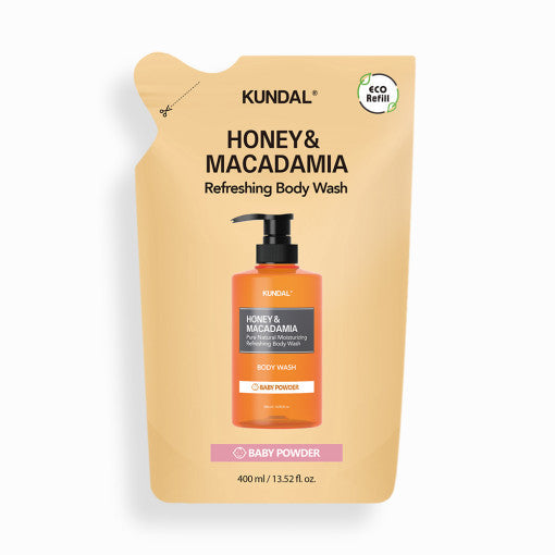 ProtoClinical k-beauty KUNDAL HONEY & MACADAMIA Refreshing Body Wash (Refill) 400ml #BABY POWDER single upright refill package centered on a light background.