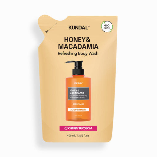 ProtoClinical k-beauty KUNDAL HONEY & MACADAMIA Refreshing Body Wash (Refill) 400ml #CHERRY BLOSSOM single upright refill package centered on a light background.